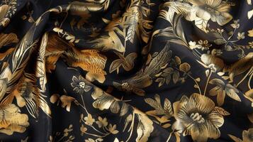 A black and gold floral print fabric photo
