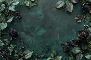 Gothic background with black roses and leaves on dark green background photo