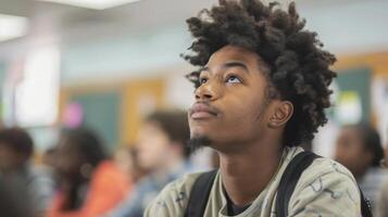 A young man with curly hair sitting in a classroom photo