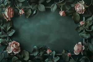 Vintage frame with roses on dark green background photo