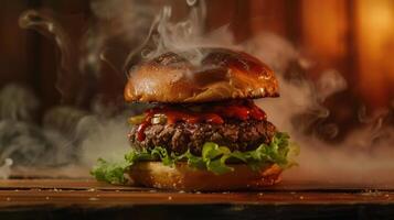 A hamburger with smoke coming out of it photo
