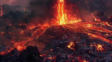 A lava flow is seen in the middle of a volcano photo
