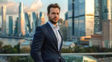 A man in a suit standing in front of a cityscape photo