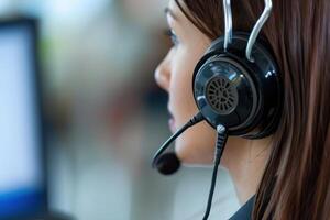 A woman wearing a headset in front of a computer photo