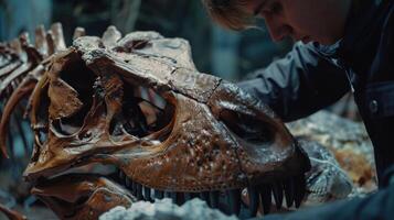 A man is examining a dinosaur skeleton photo
