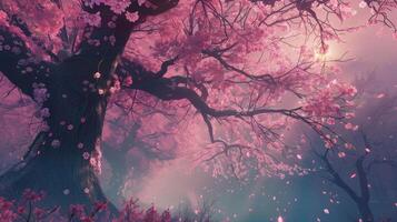 Pink trees in the forest with pink flowers photo