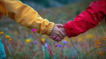 Two children holding hands in a field of flowers photo