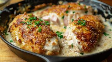 Chicken breasts in a skillet with sauce and herbs photo