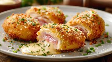 Ham and cheese stuffed chicken on a plate photo
