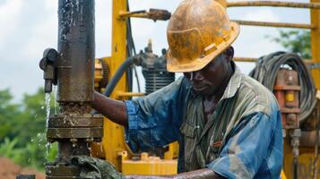A man in a hard hat working on a drilling machine photo