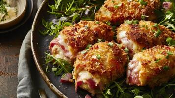 A plate of chicken with cheese and herbs photo