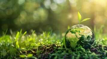 Earth globe with green sprout in the grass photo