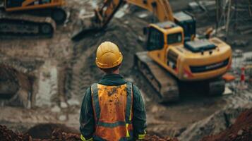 A construction worker in a hard hat looking at construction equipment photo