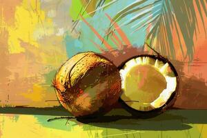 A painting of a coconut with a half open shell photo