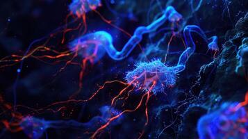 A close up of a brain cell with blue and red lights photo