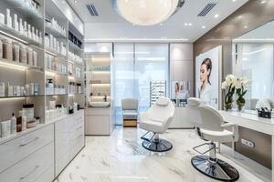 A salon with white walls and shelves photo