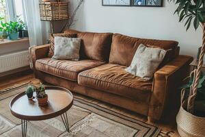 A brown couch in a living room with a rug photo