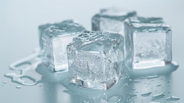 Four ice cubes on a table with water droplets photo