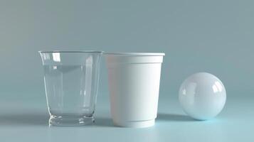 A glass and a plastic cup next to each other photo