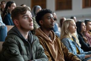 A group of people sitting in a lecture hall photo