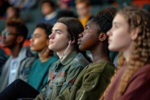 A group of young people sitting in a row photo