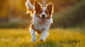 A dog running through a field with its tongue out photo