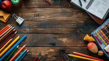 School supplies on a wooden table with copy space photo