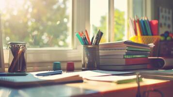 A desk with a stack of books, pens, and other supplies photo