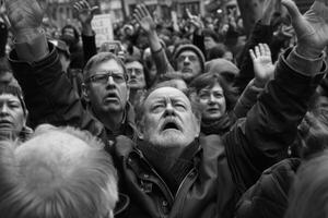 A man raises his hands in the air during a protest photo