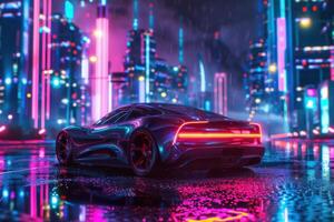 A futuristic sports car in the rain with neon lights photo