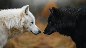 Two black and white wolves facing each other photo