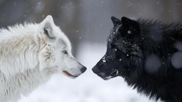 Two black and white wolves facing each other in the snow photo