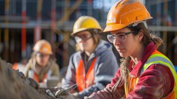 Women in construction work at a construction site photo