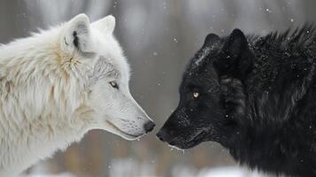 Two black and white wolves facing each other in the snow photo