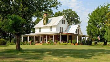 A white farmhouse with a large porch and trees photo