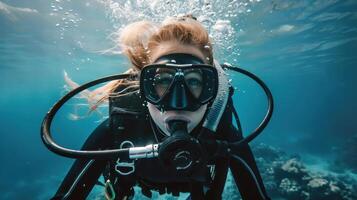 A woman scuba diving in the ocean photo
