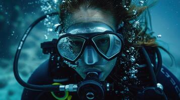 A woman scuba diving in the ocean photo