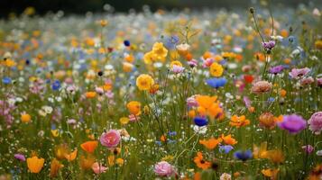 A field of wild flowers is shown in this photo