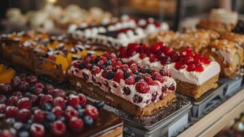 A display of cakes and pastries in a bakery photo