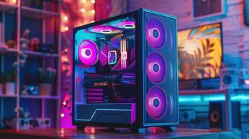 A computer case with neon lights on it photo