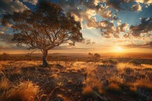 A tree stands in the middle of a field at sunset photo