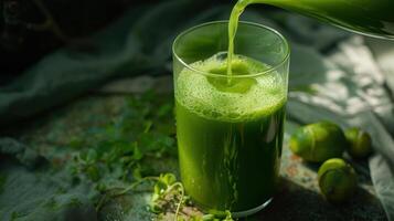 A glass of green juice being poured into a glass photo
