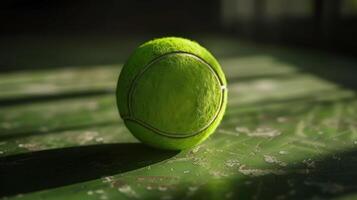 A tennis ball sitting on a table with sunlight photo