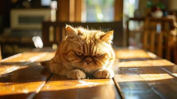 A cat sitting on a wooden table in the sunlight photo