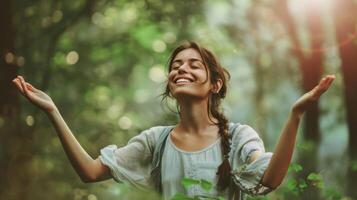 A woman is smiling in the forest with her hands outstretched photo