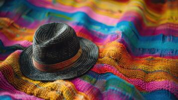 A hat sits on top of a colorful blanket photo