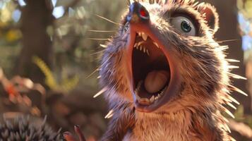 A hedgehog with its mouth open and its teeth showing photo