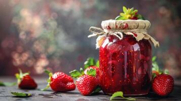 Strawberry jam in a jar on a wooden table with fresh strawberries photo