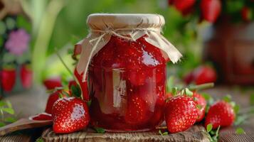 A jar of strawberry jam with strawberries on a wooden table photo