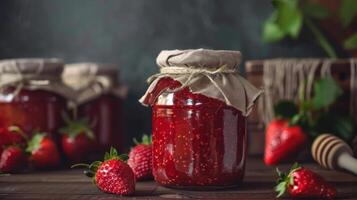 Strawberry jam in jars on a wooden table photo
